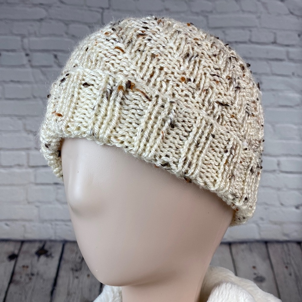 Homemade Cream/Brown/Tan Crocheted Knit Yarn Hat